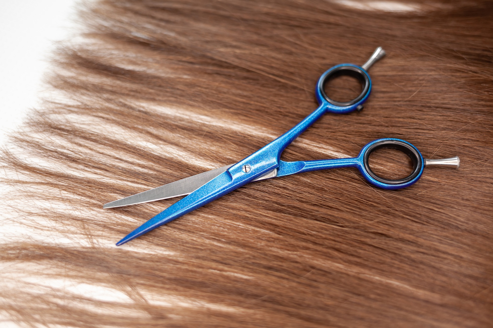 Scissors lie on the hair ribbon for extension at home.
